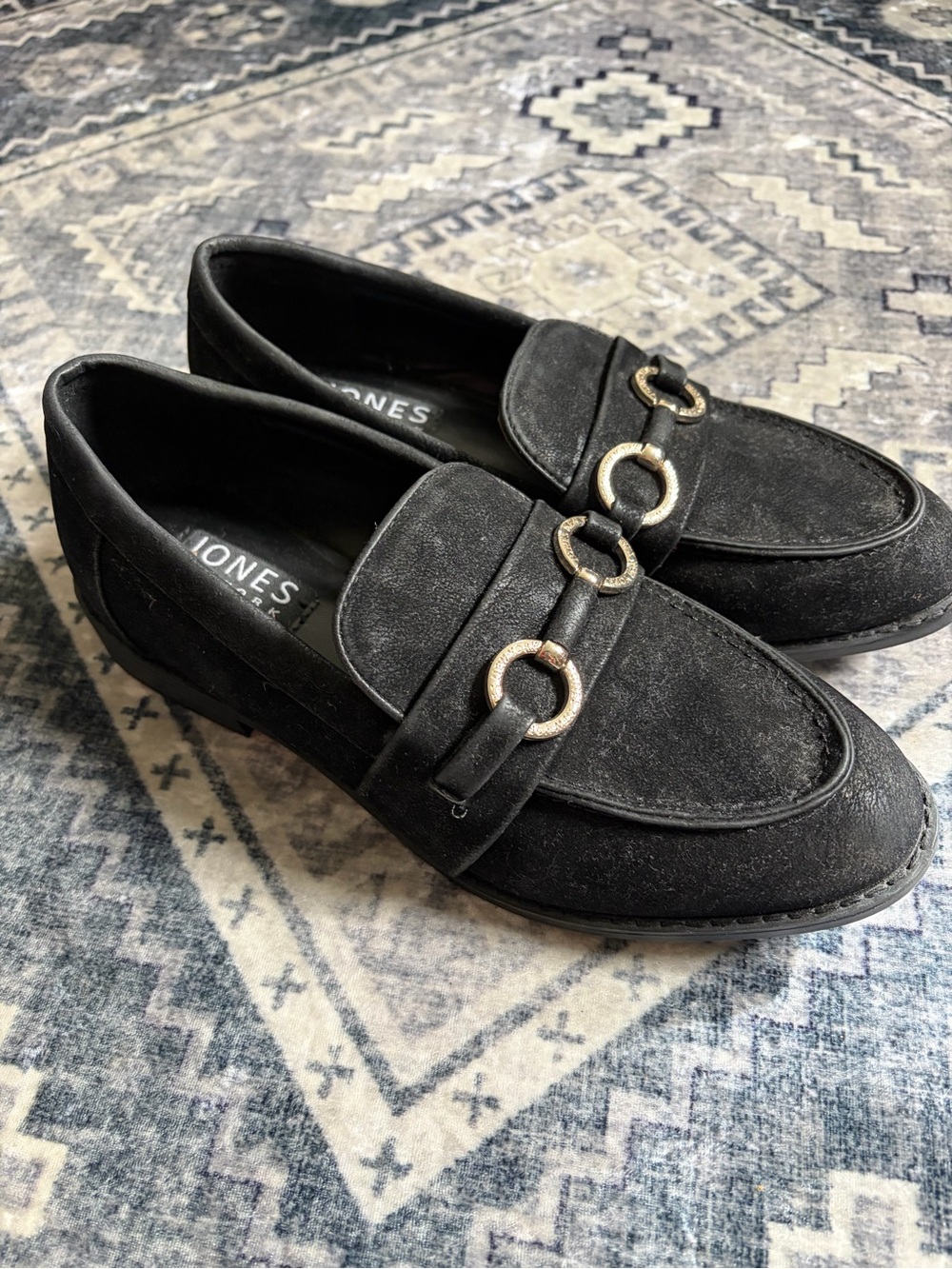 Jones New York Black Suede-Look Loafers with Gold Ring Detail 7.5